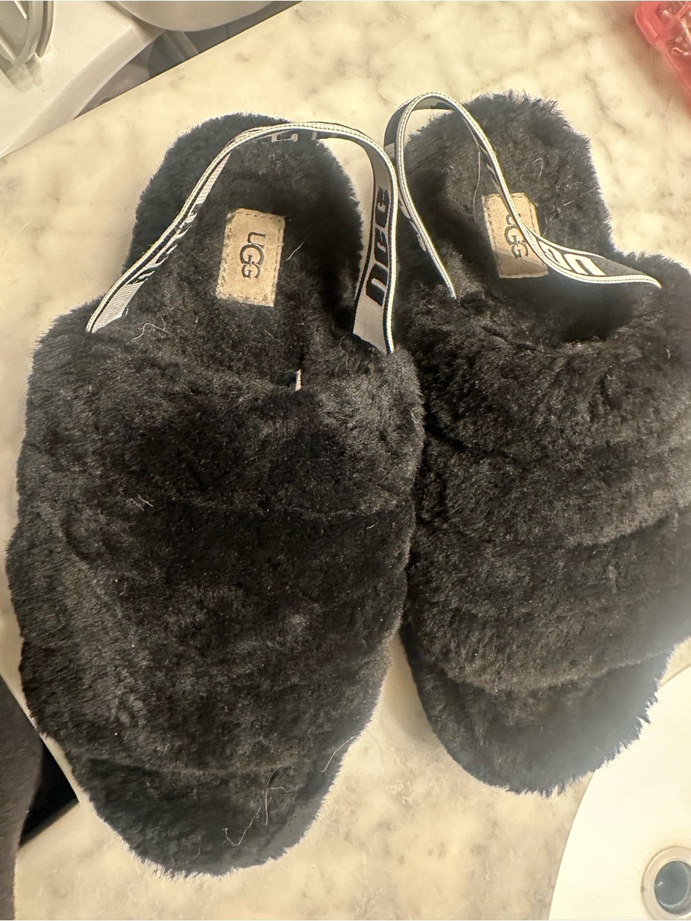 UGG Black Fluff Slide Slingback - Cozy Fuzzy Women's Slippers - Women’s 8